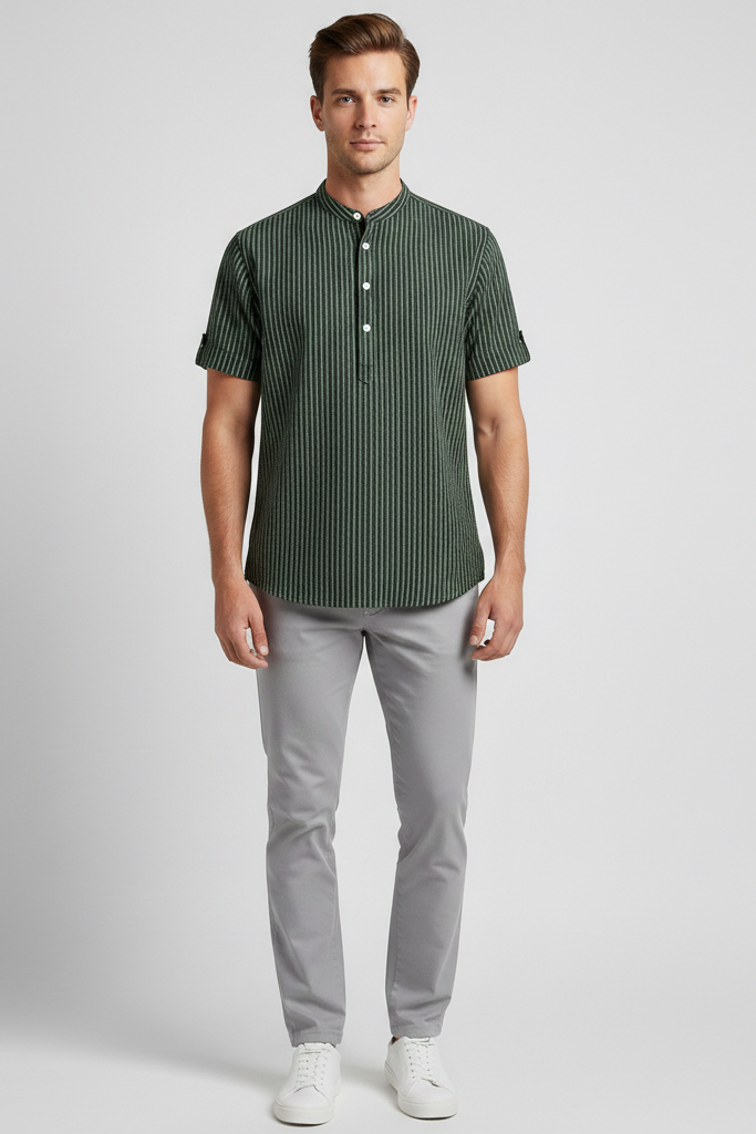 Camisa Henley de Rayas con Cuello Mao – Estilo Resort Lino