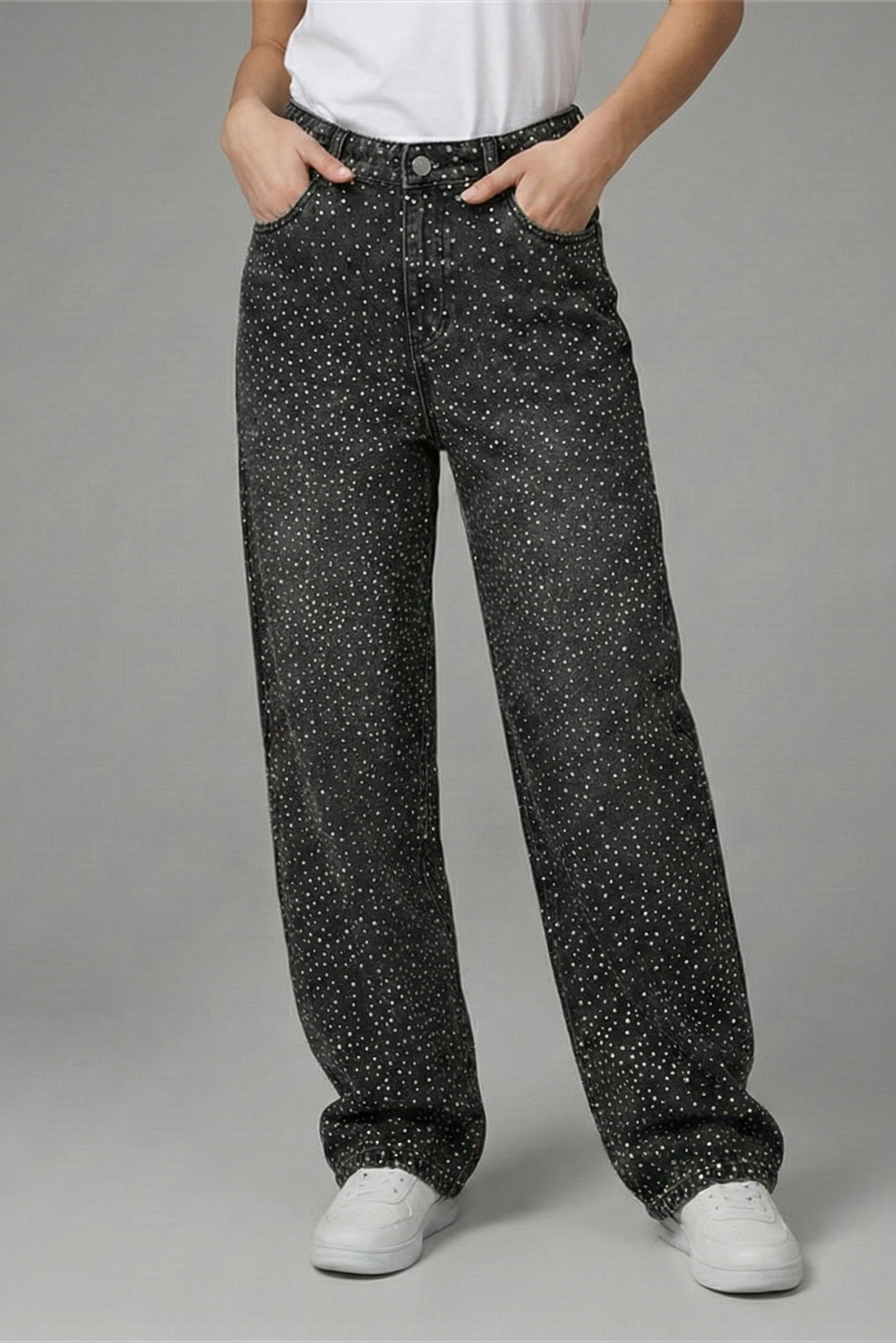 Jeans Wide Leg con Lluvia de Strass – Vaqueros de Corte Recto y Brillo