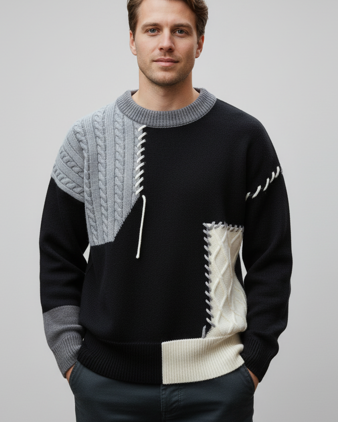 Jersey de Punto Patchwork Oversize – Suéter Estilo Vintage Harajuku & Color Block con Costuras Visibles