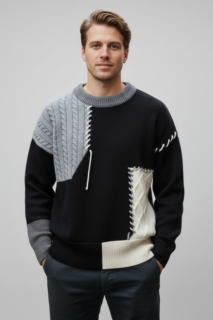 Jersey de Punto Patchwork Oversize – Suéter Estilo Vintage Harajuku & Color Block con Costuras Visibles