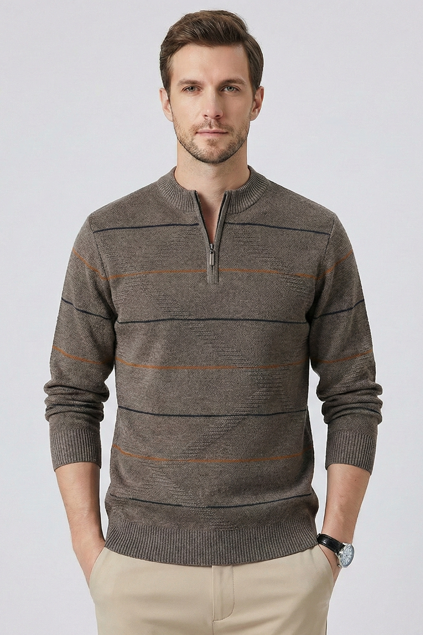 Jersey de Punto con Cuello y Cremallera – Suéter Clásico a Rayas "Quarter-Zip"