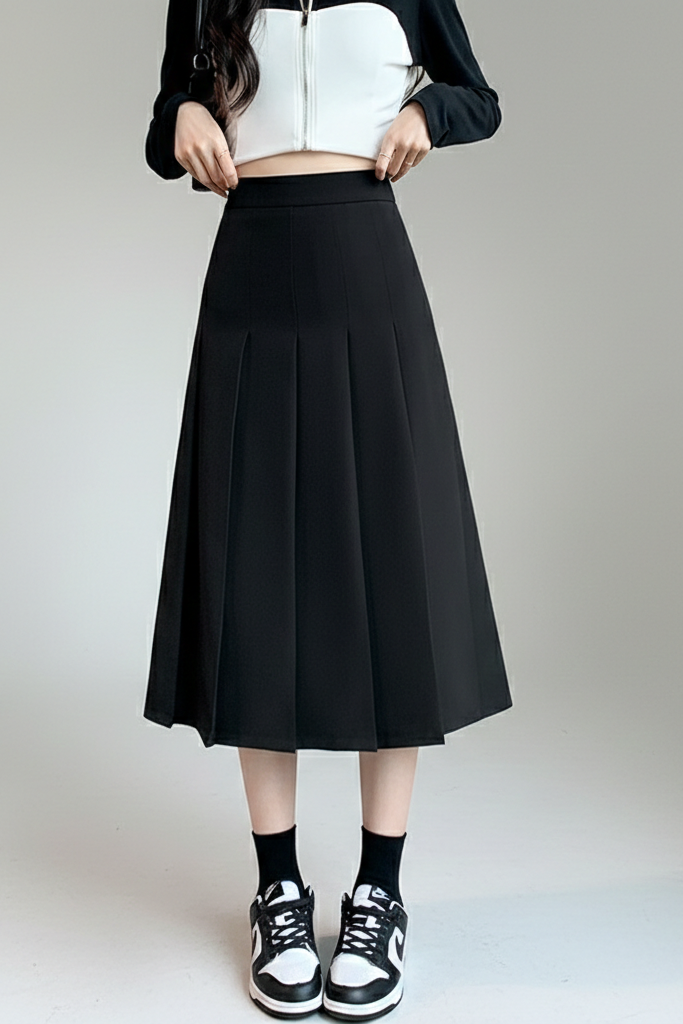 Falda Midi Plisada de Cintura Alta – Estilo Clásico y Retro