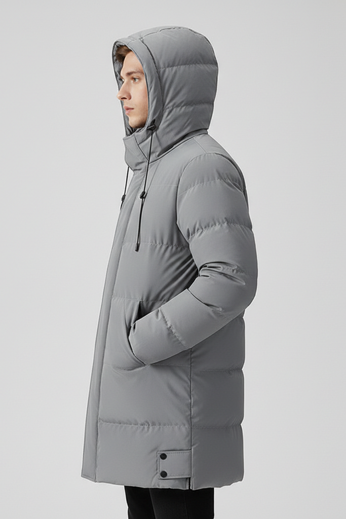 Parka Acolchada Mid-Length con Capucha y Aberturas Laterales