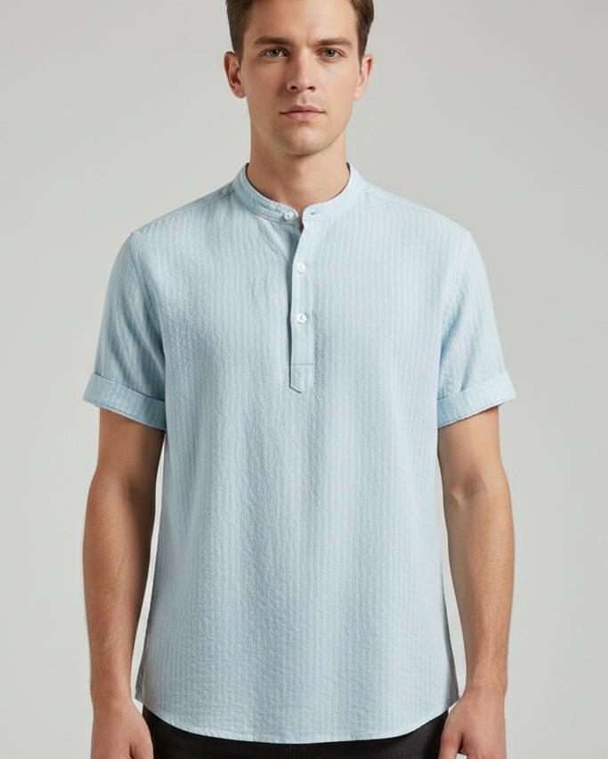 Camisa Henley de Rayas con Cuello Mao – Estilo Resort Lino