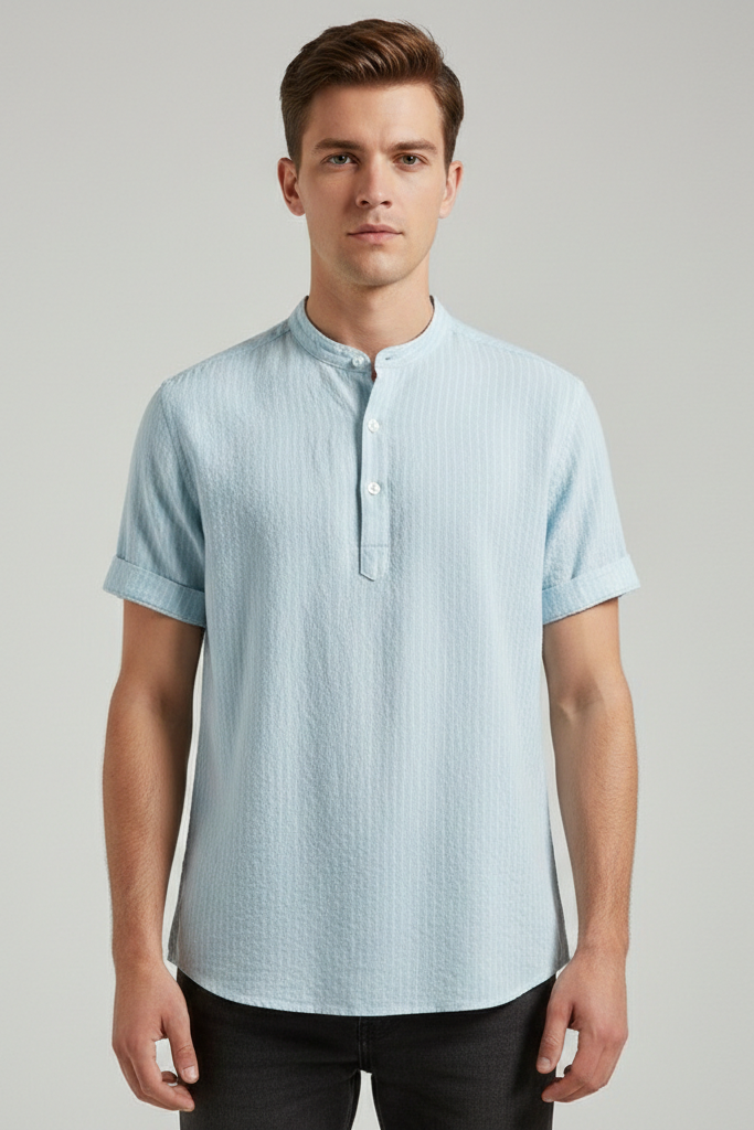 Camisa Henley de Rayas con Cuello Mao – Estilo Resort Lino