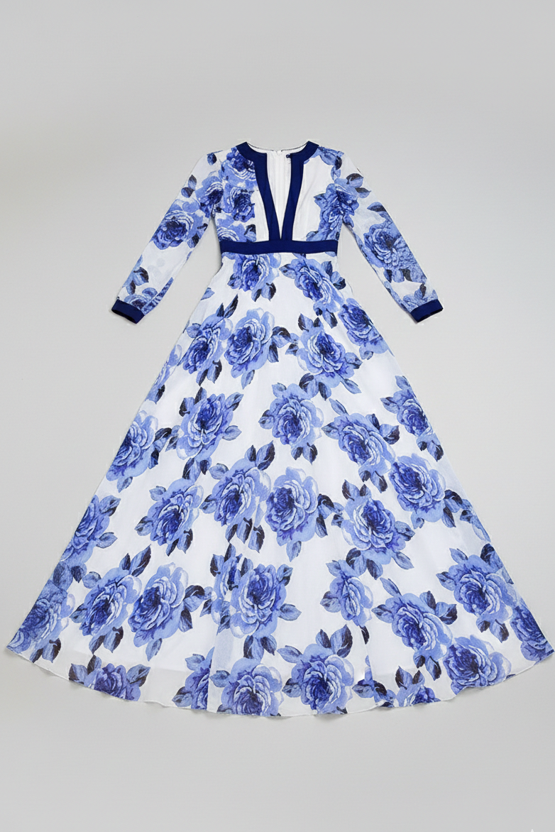 Vestido Largo Estampado Floral – Escote en V y Estilo Mediterráneo