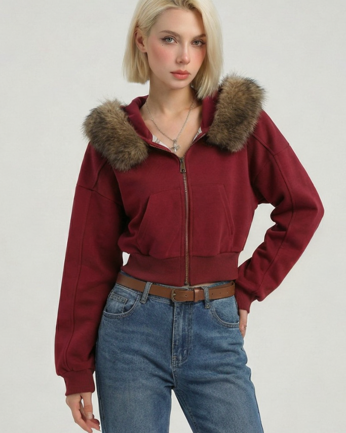 Sudadera Cropped con Capucha de Pelo – Chaqueta Corta con Cremallera Estilo Y2K