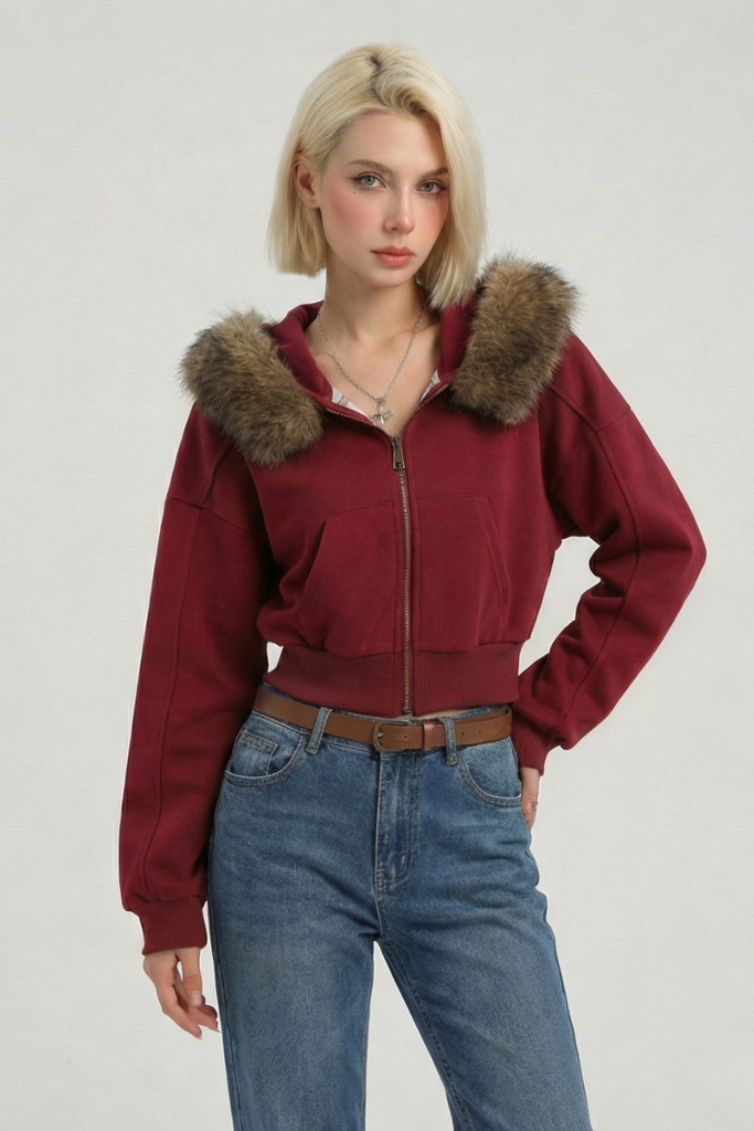 Sudadera Cropped con Capucha de Pelo – Chaqueta Corta con Cremallera Estilo Y2K