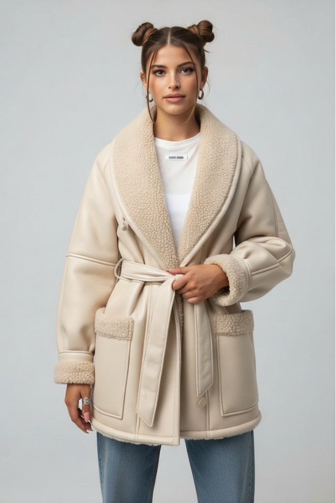 Abrigo Midi Efecto Piel y Borrego – Chaqueta Estilo Aviador con Cinturón