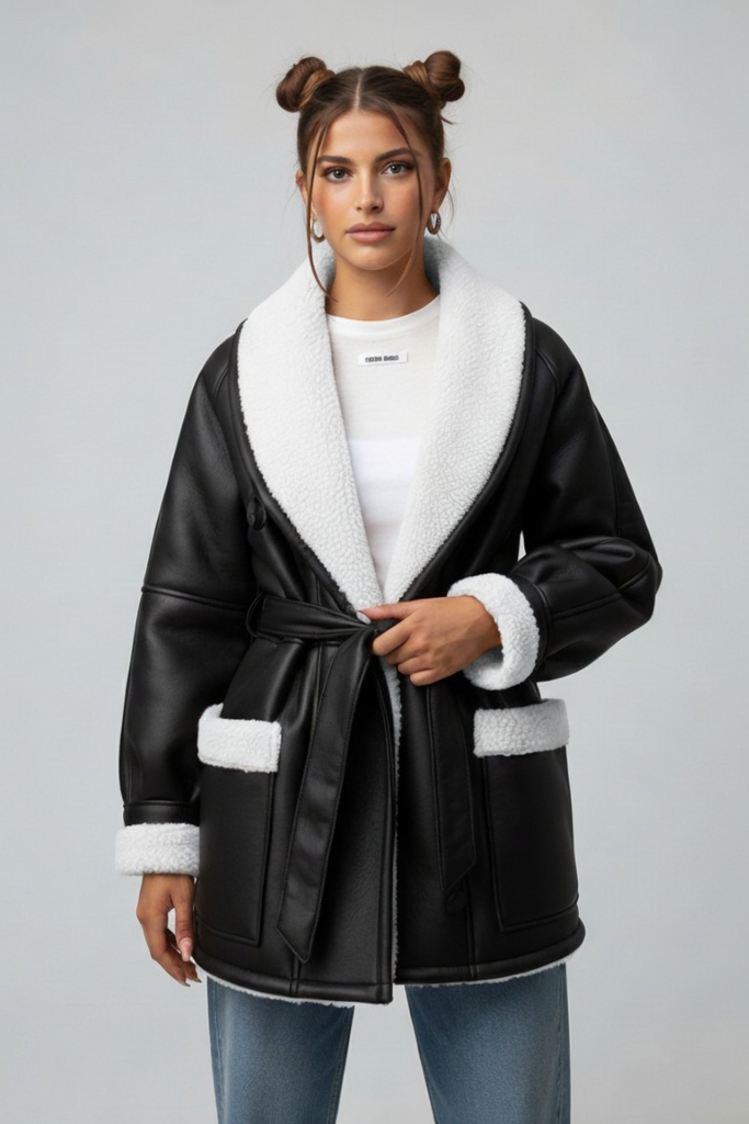 Abrigo Midi Efecto Piel y Borrego – Chaqueta Estilo Aviador con Cinturón