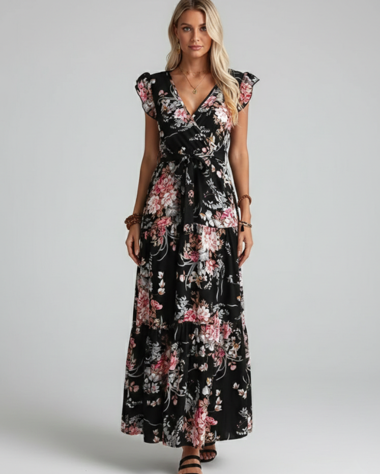 Vestido Largo Estampado Floral Oscuro – Escote en V y Falda Escalonada