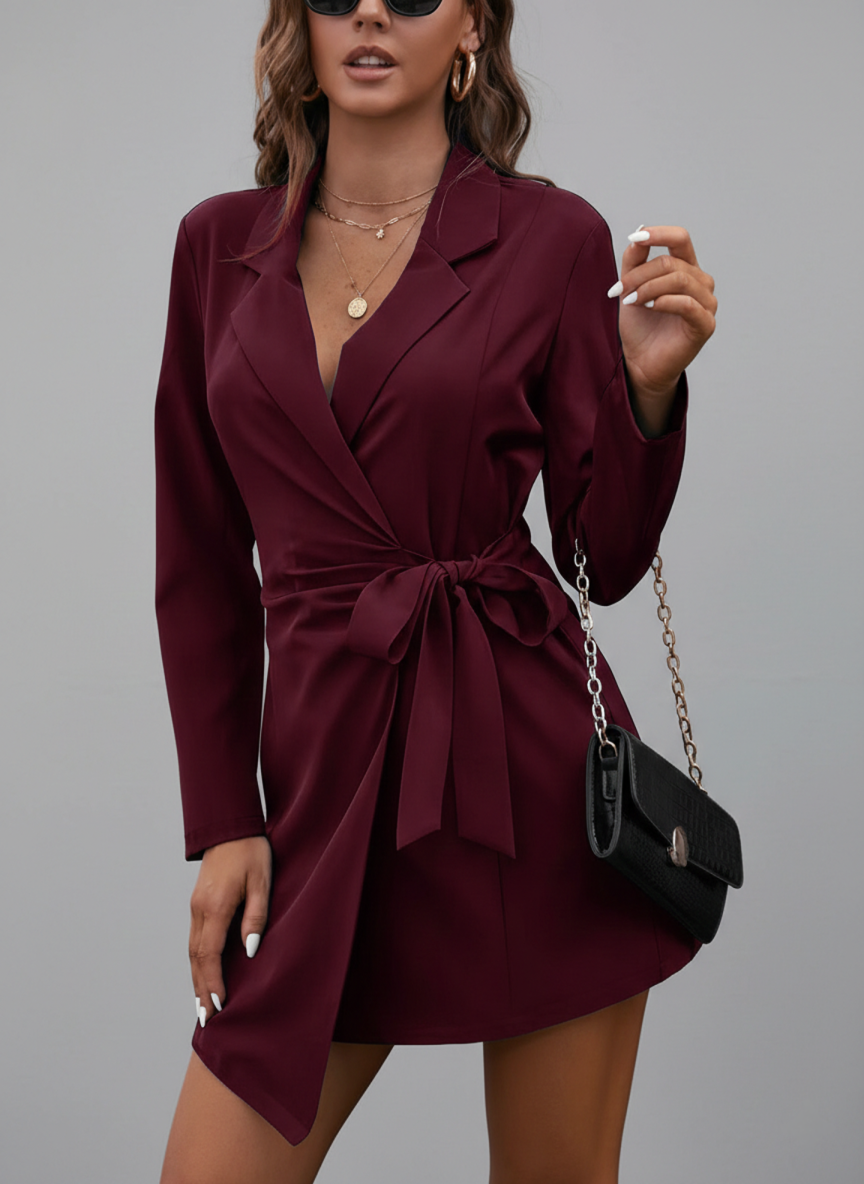 Vestido Blazer Cruzado con Lazada a la Cintura